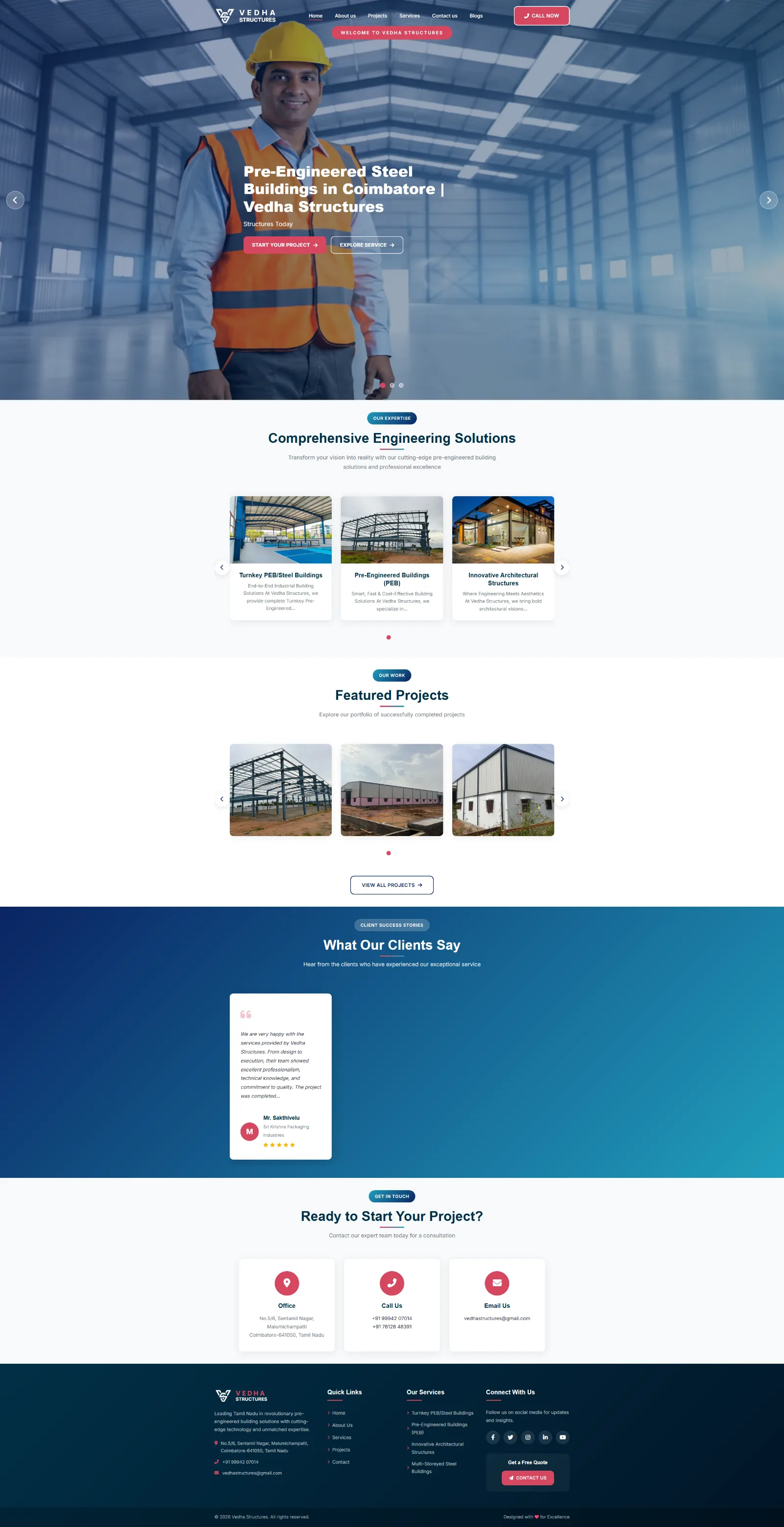 Full-page screenshot of the Vedha Structures website